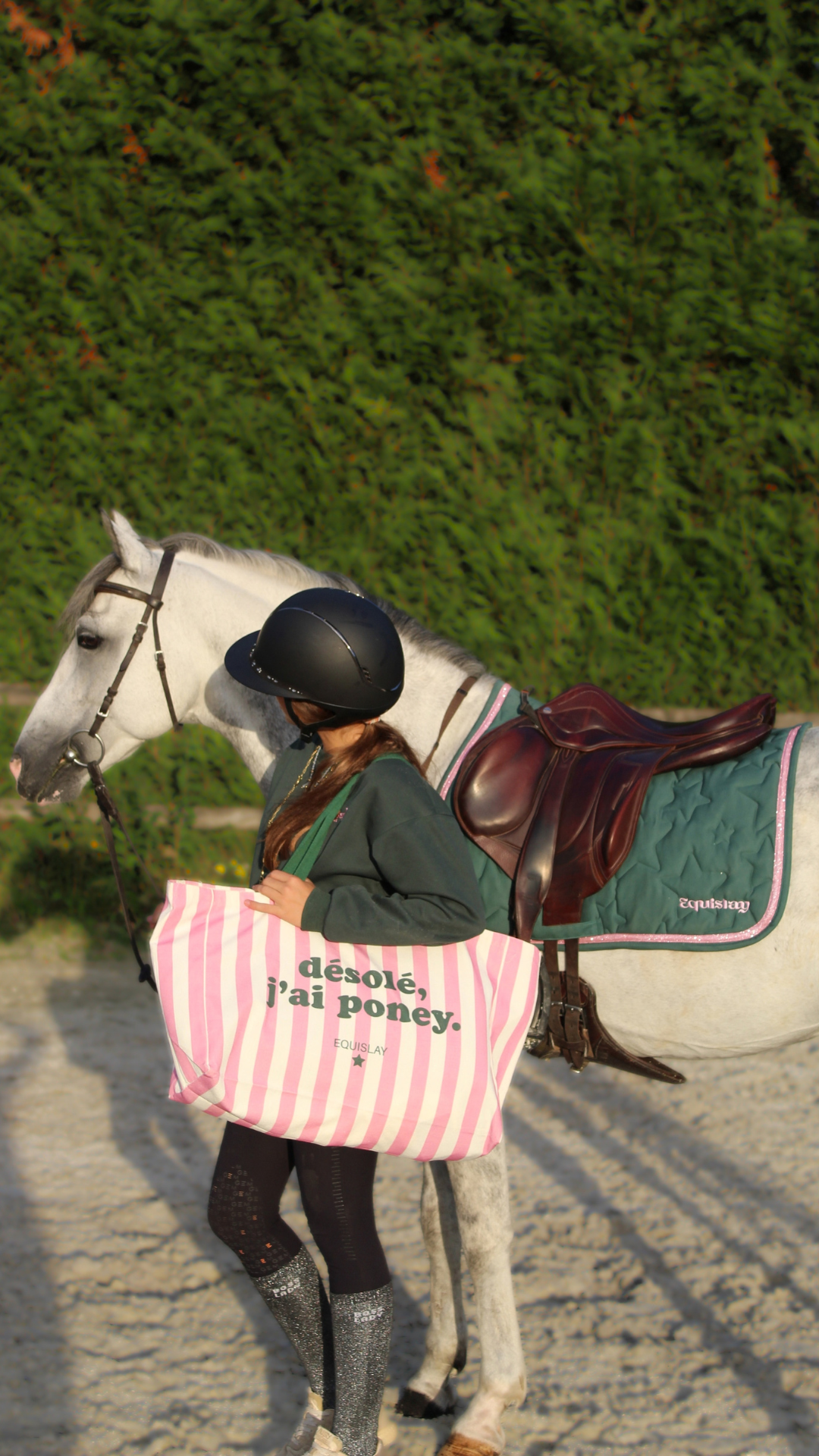 Grand cabas XL d’équitation Désolé, j’ai poney – Rose & vert