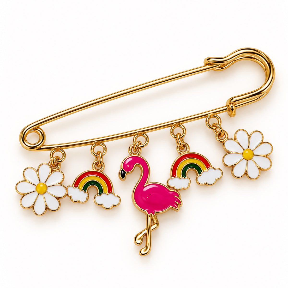 Broche Tapis de Selle Marguerites, Arcs-en-ciel & Flamant Rose – 5 breloques