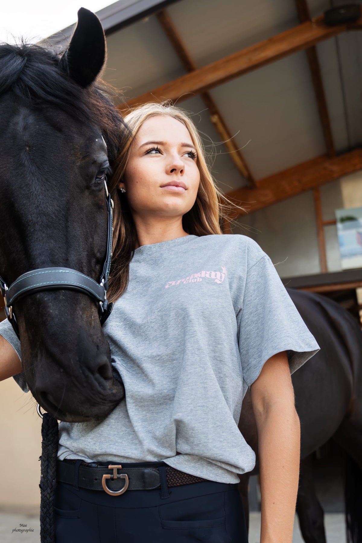 T-shirt oversize ROMY – Equislay Club – Gris, étoiles & léopard rose