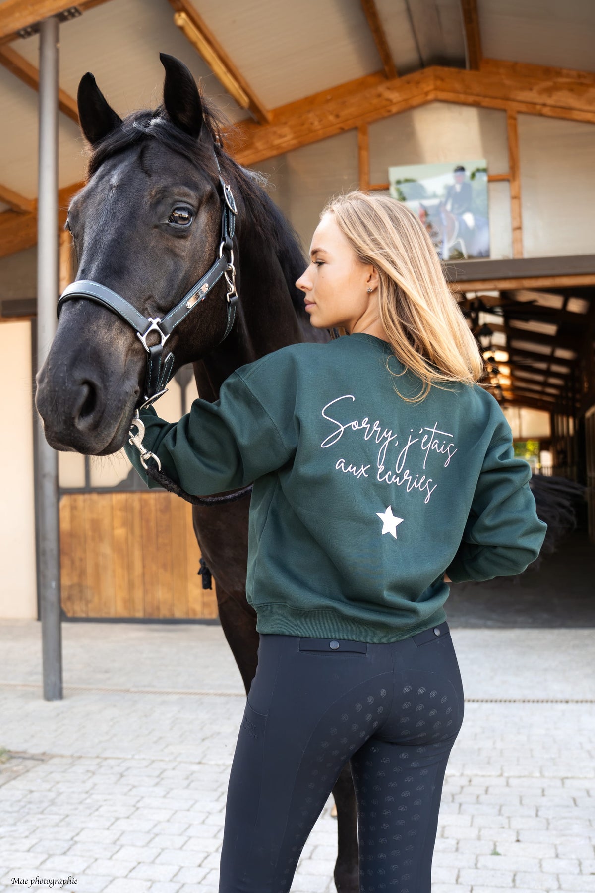 Sweat brodé NINA – Sorry j’étais aux écuries – Vert & rose pâle