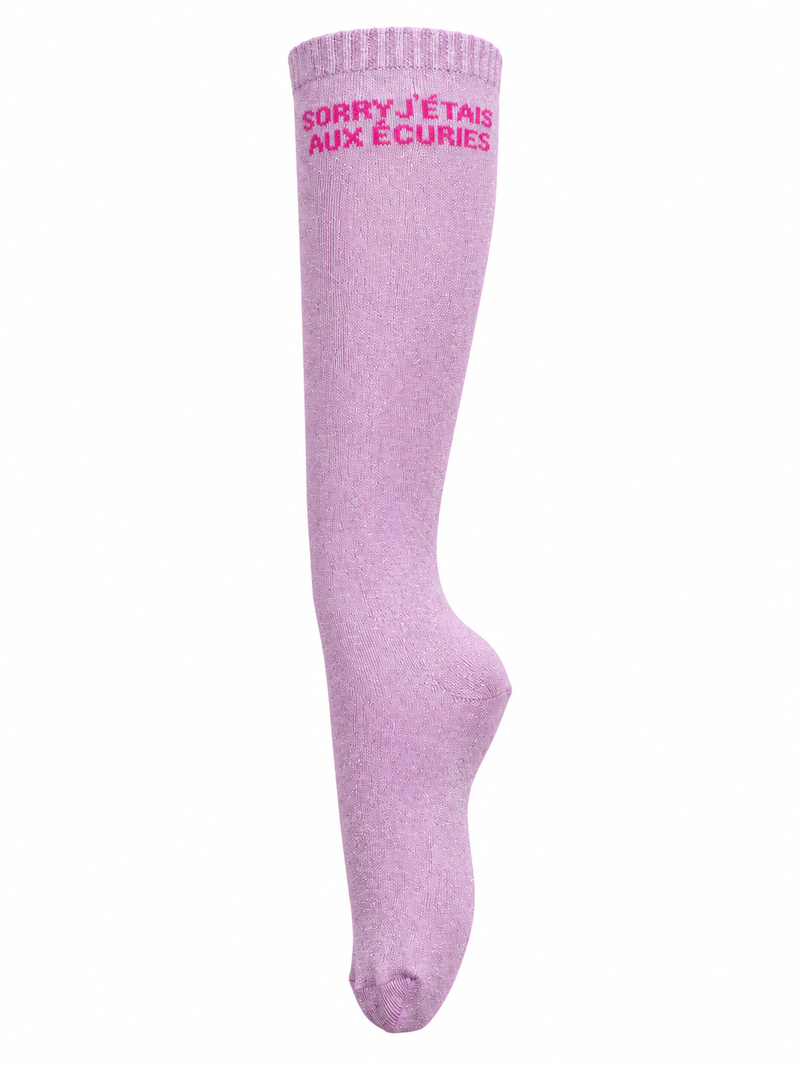 Chaussettes d’équitation Sorry j’étais aux écuries – Rose pâle (écriture fuchsia)