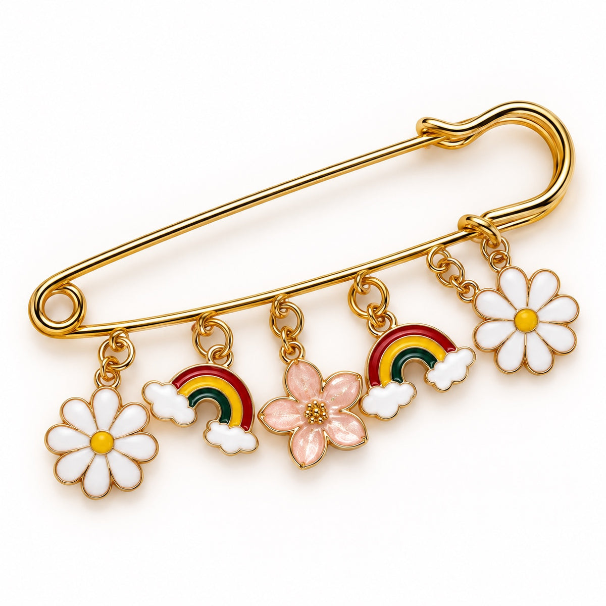 Broche Tapis de Selle Marguerites, Arcs-en-ciel & Fleur Nacrée – 5 breloques