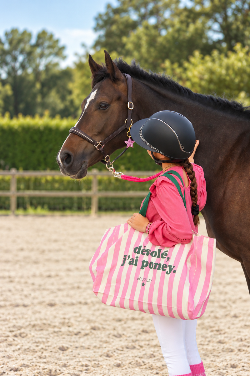 Grand cabas XL d’équitation Désolé, j’ai poney – Rose & vert