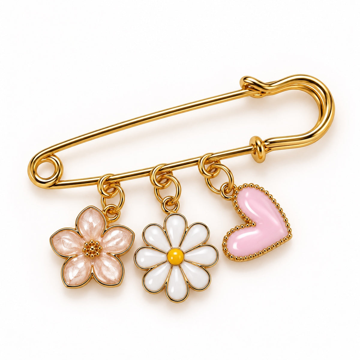 Broche Tapis de Selle Fleur Nacrée, Marguerite & Cœur Rose – 3 breloques