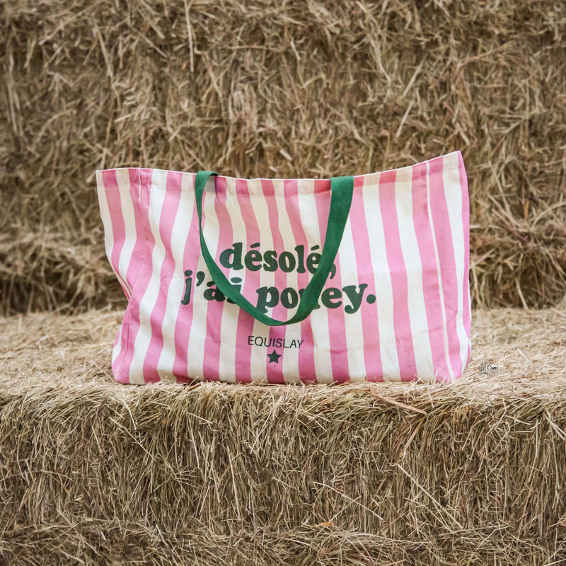 Grand cabas XL d’équitation Désolé, j’ai poney – Rose & vert