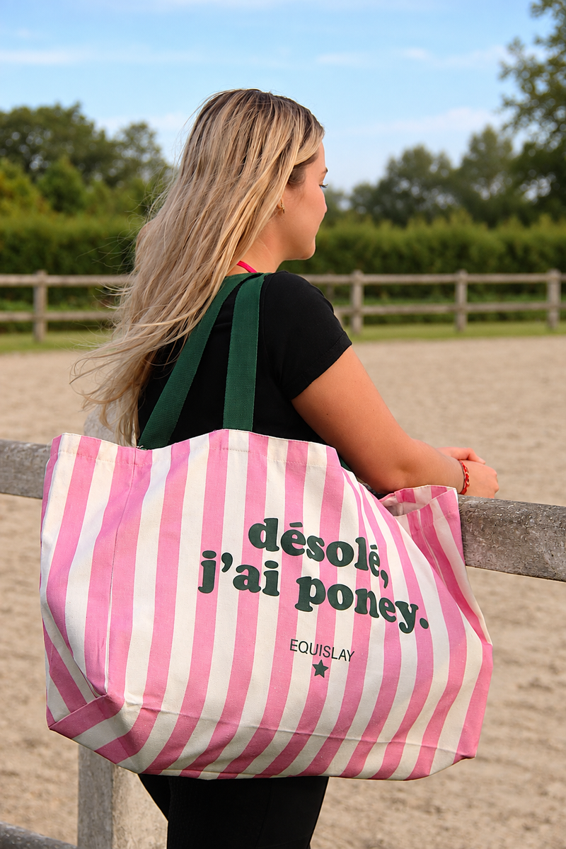 Grand cabas XL d’équitation Désolé, j’ai poney – Rose & vert