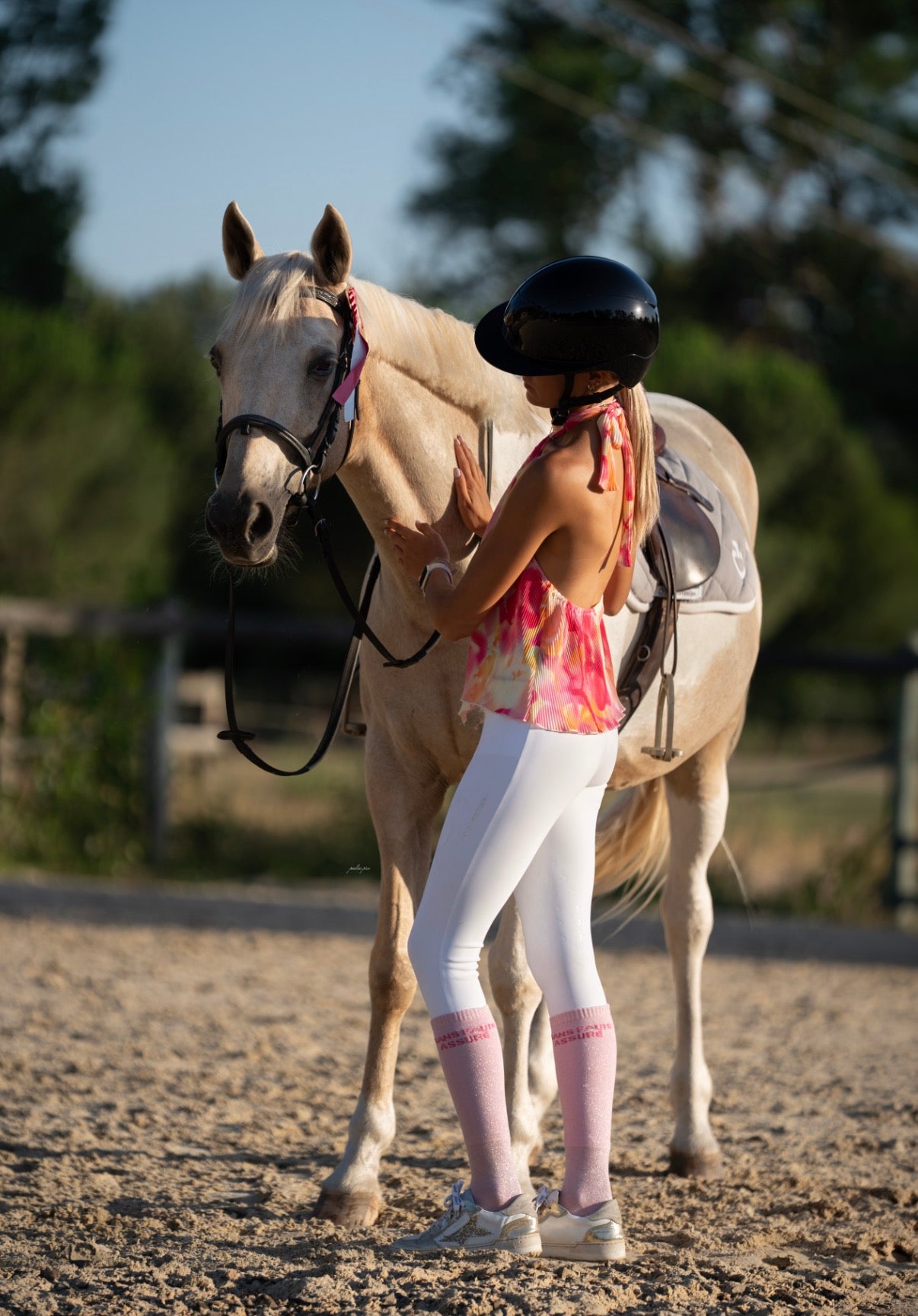 Chaussettes équitation à paillettes Sans Faute Assuré – Rose pâle (écriture fuchsia) | Equislay