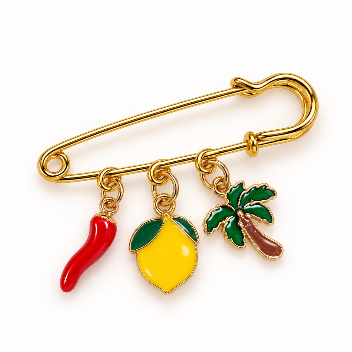 Broche tapis de selle Piment, Citron & Palmier – 3 breloques