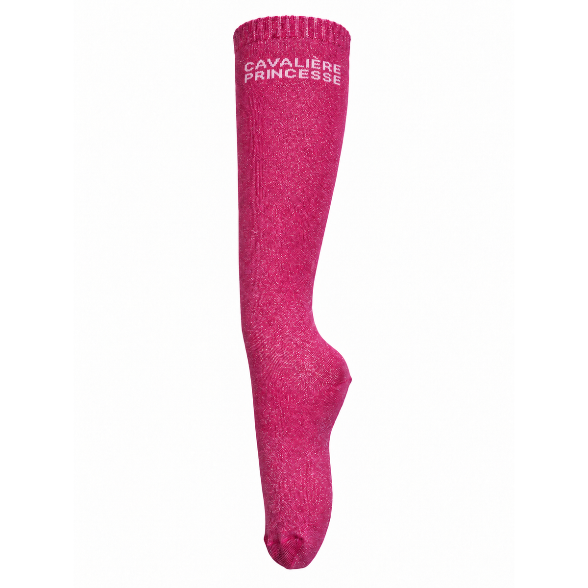 Chaussette d’équitation Cavalière Princesse rose fuchsia à paillettes sur fond blanc