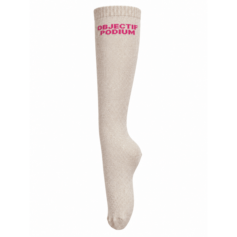 Chaussettes d’équitation Objectif Podium – Beige (écriture fuchsia) - Equislay