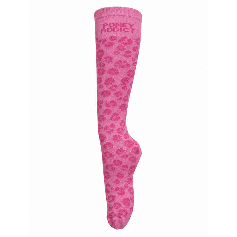 Chaussettes d’équitation Poney Addict – Léopard Rose (écriture rose) - Equislay