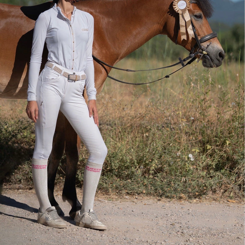 Chaussettes Objectif Podium – Beige (écriture fuchsia) - Equislay