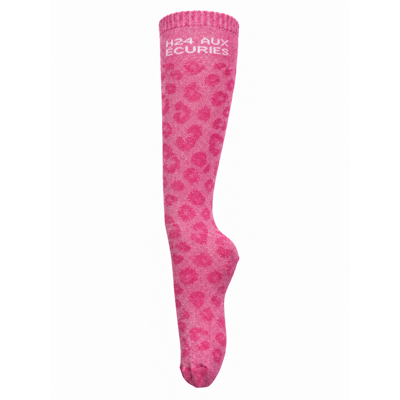 Chaussettes d’équitation H24 aux Écuries – Léopard Rose (écriture blanche) – vue entière sur fond blanc