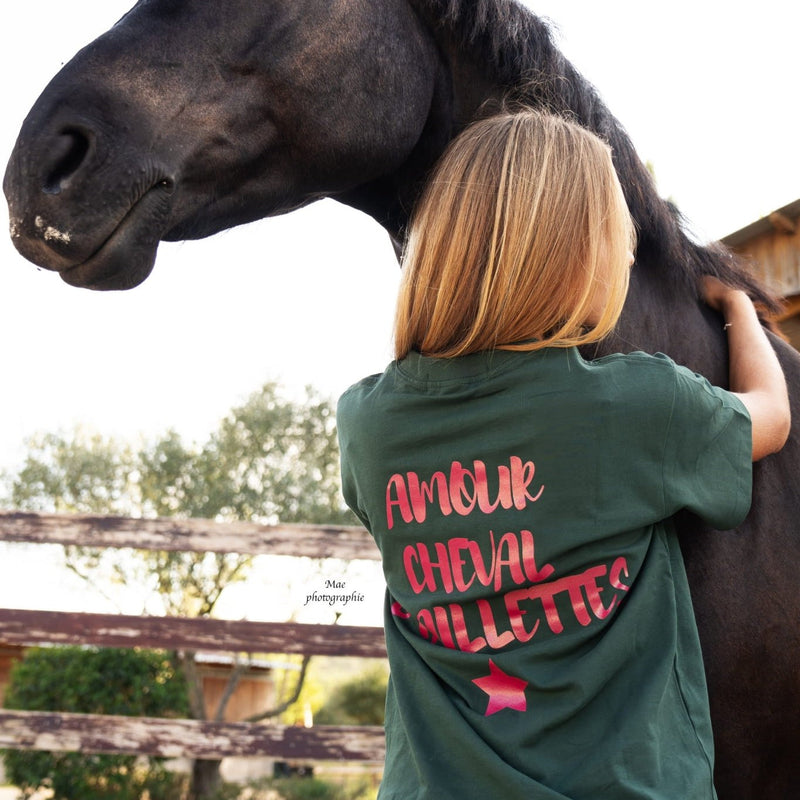 T-shirt oversize ROMY – Amour, cheval & paillettes – Vert & rose - Equislay