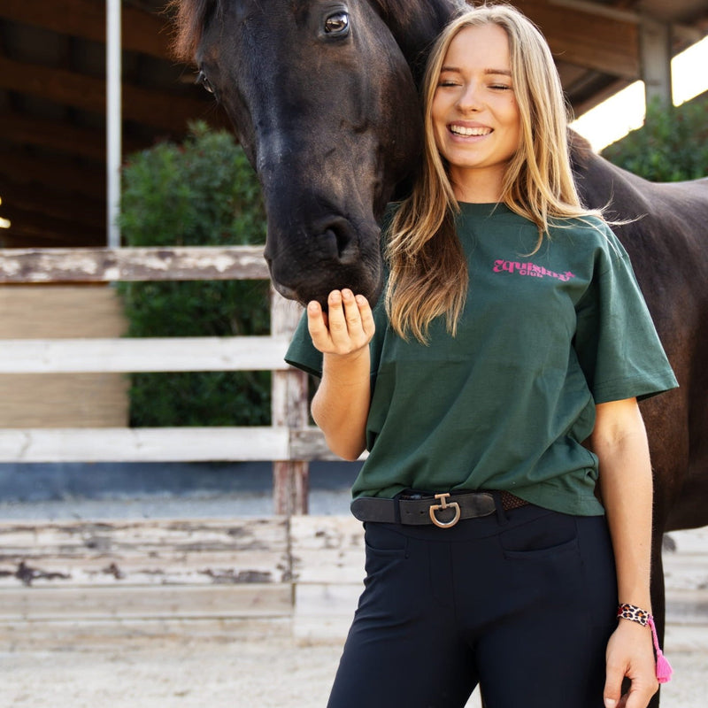 T-shirt oversize ROMY – Amour, cheval & paillettes – Vert & rose - Equislay