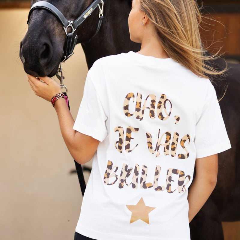 T-shirt oversize ROMY – Ciao je vais briller – Blanc & léopard - Equislay