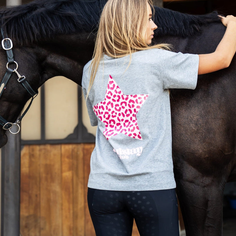 T-shirt oversize ROMY – Equislay Club – Gris, étoiles & léopard rose - Equislay